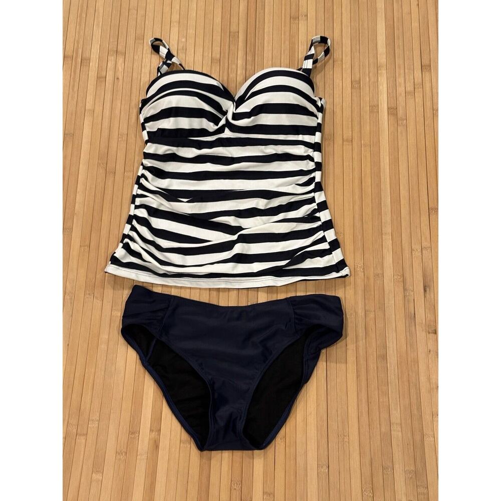 Togs Swim Tankini Set Sz 8 Navy Blue White Stripe Padded Bra Multiway Straps